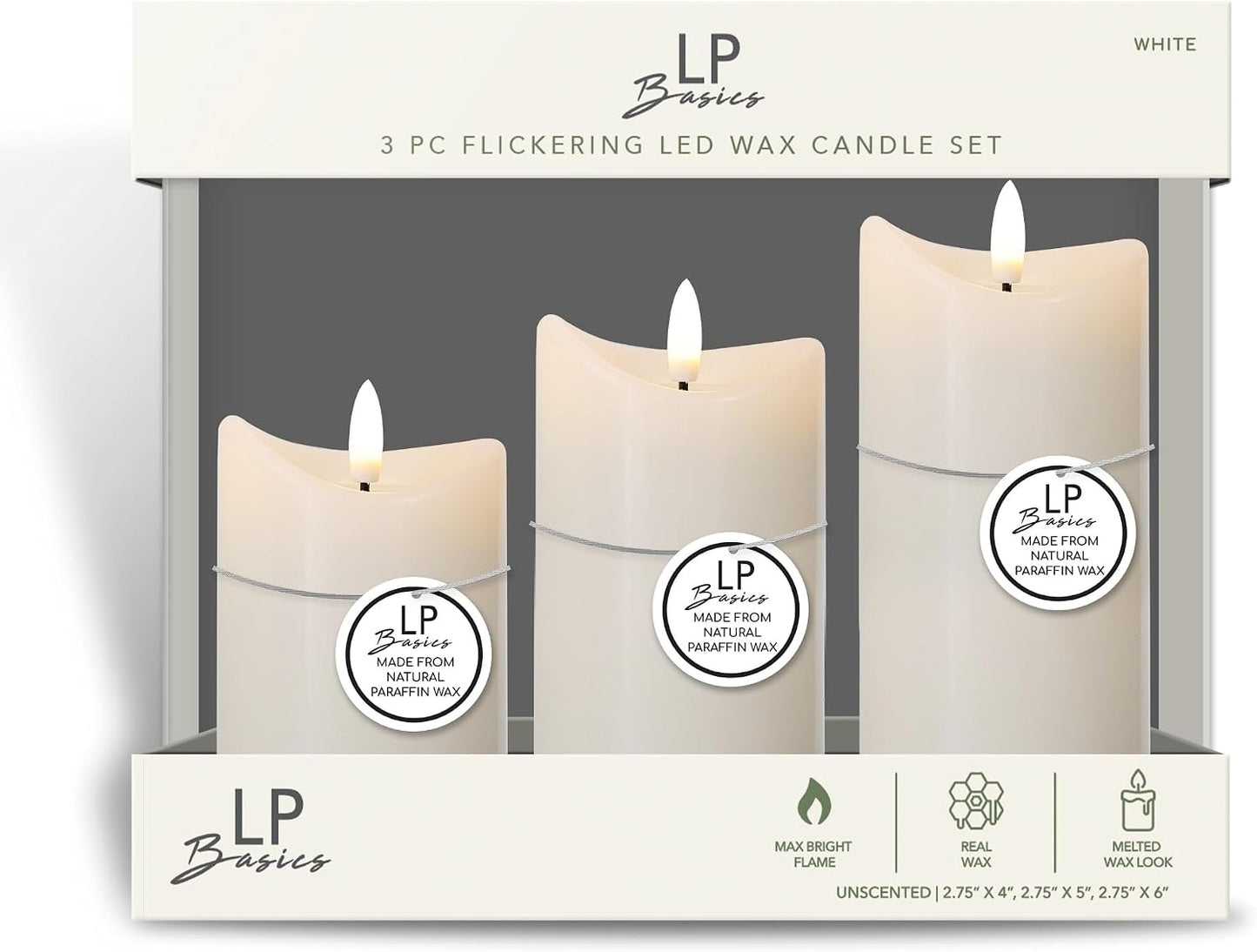 LumiPur Basics Flameless Flickering Wax Pillar LED Candles 2.75" x 4" 5" & 6" (3 Pack, Linen White)