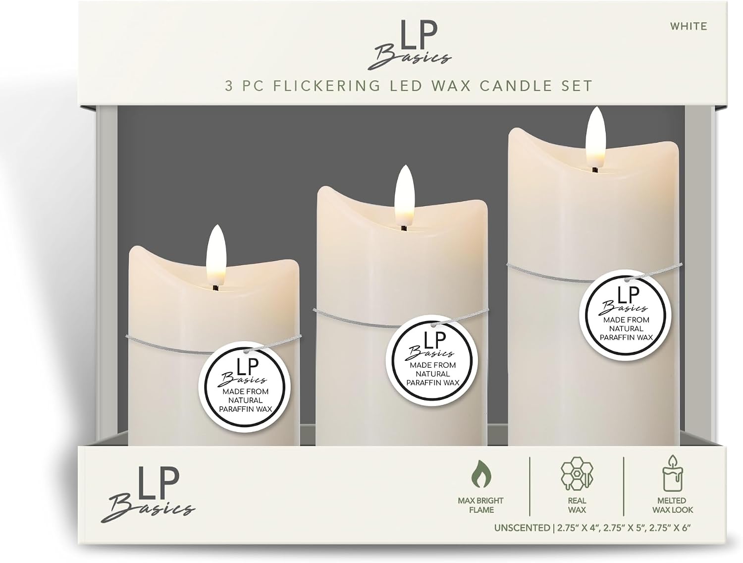 LumiPur Basics Flameless Flickering Wax Pillar LED Candles 2.75" x 4" 5" & 6" (3 Pack, Linen White)