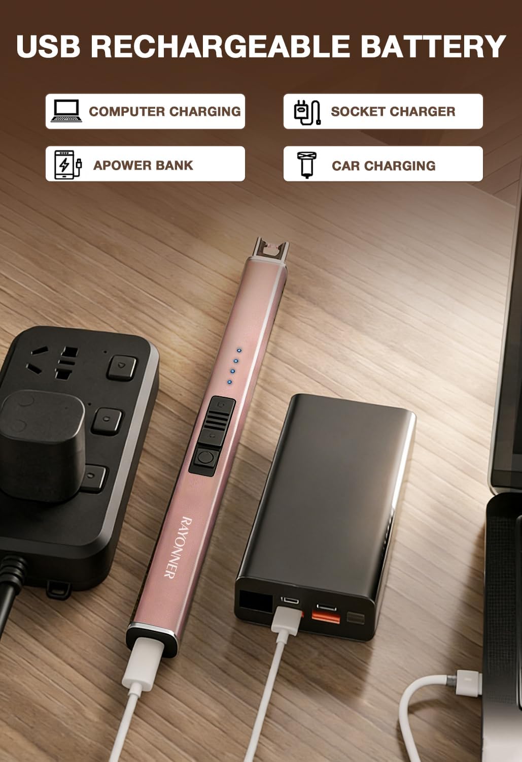 RAYONNER Lighter Electric Candle Lighters Rechargeable USB Lighter Arc Lighters for Candle Camping (1Pack, Rose Gold)