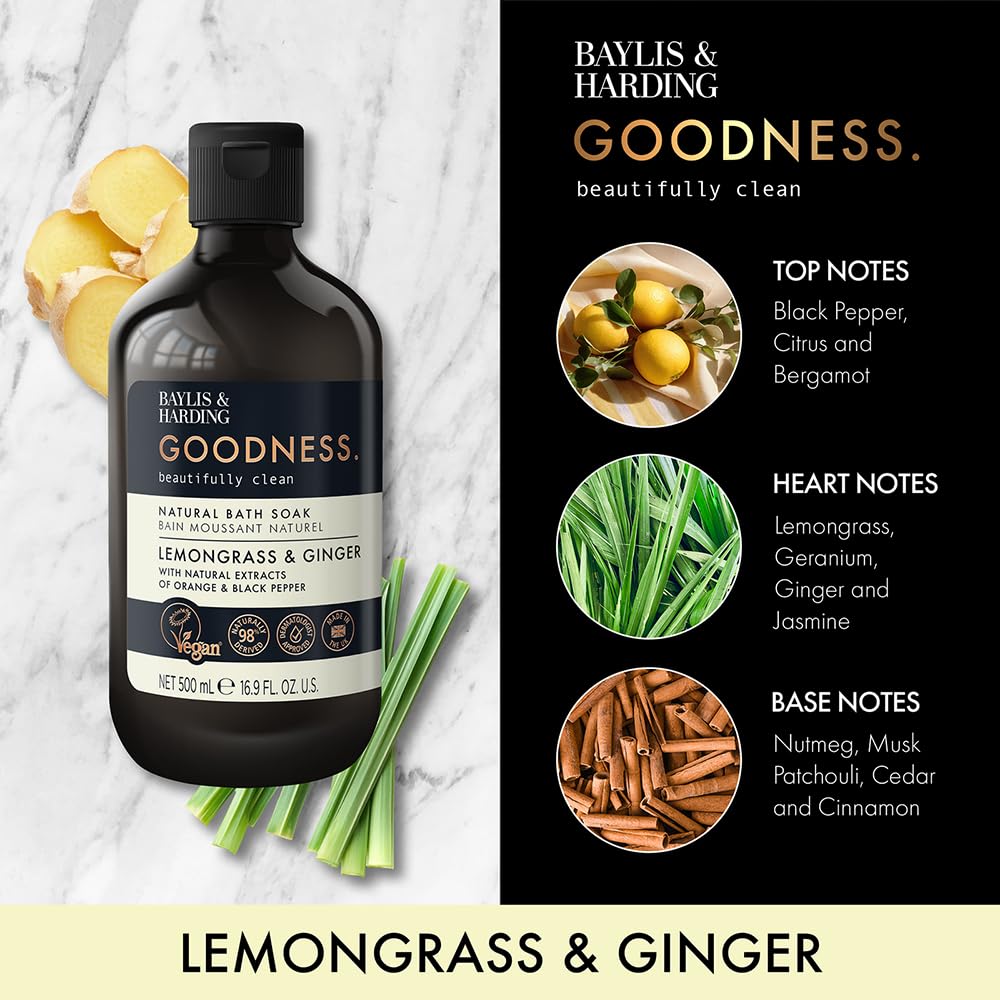 Baylis & Harding Goodness Lemongrass & Ginger Natural Bubble Bath 16.9 fl. oz (Pack of 3) - Biodegradable Formula - Vegan Friendly