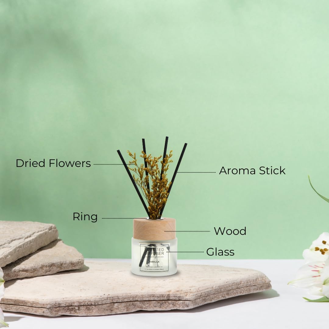 Vanilla Scented Reed Diffuser Set (200ml) with 4 Reed Sticks, Home Fragrance Scented Diffuser for Bathroom Shelf Office Decor & Gifts