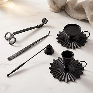 5 Piece Candle Accessory Set - Wick Trimmer, Snuffer, Dipper, Lighter, Candle Holder - Stainless Steel