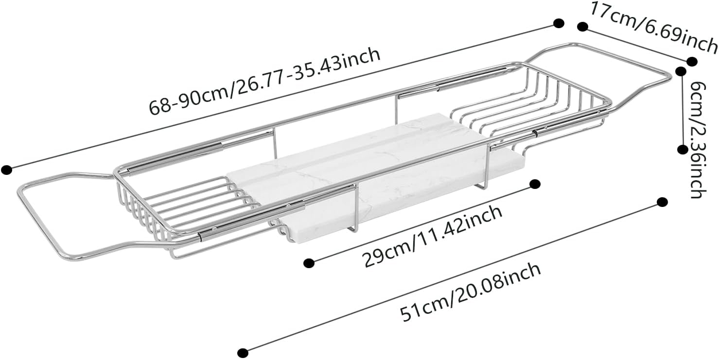 Stainless Steel Bathtub Tray with Removable Marble Board,Extendable Rectangular Bathtub Tray,Adjustable Bath Caddy Board for for Bath Bombs, Spa, Shower (Silver+White)