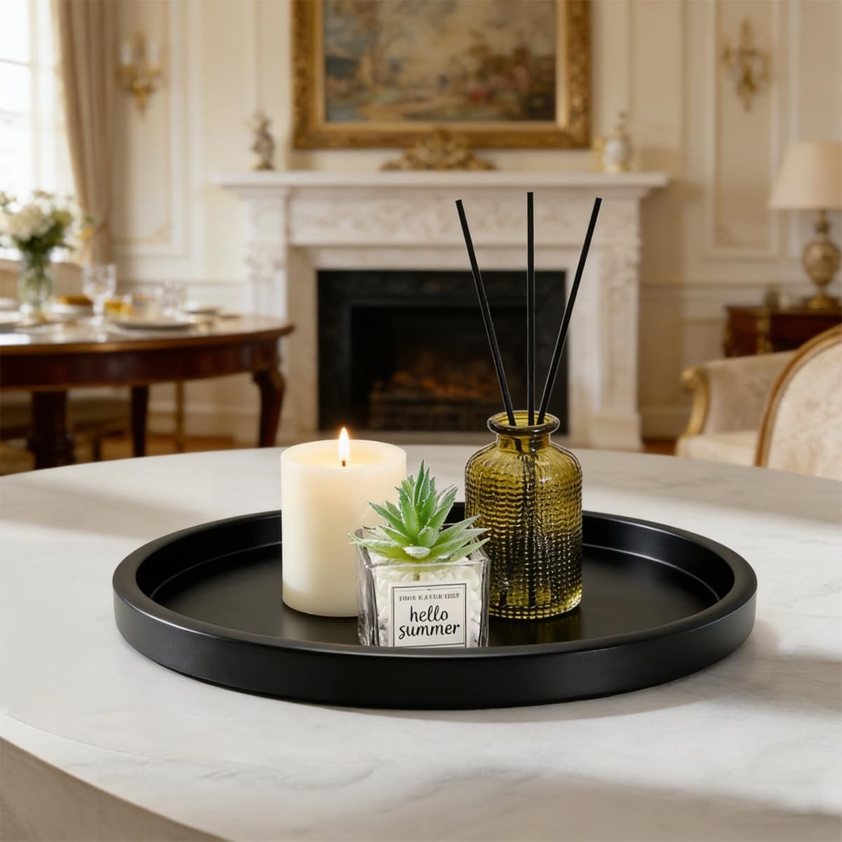 Round Metal Candle Plate, Black Candlestick Tray, Modern Candle Holders and Dish for Table, Decorative Serving Tray, Large Candle Charger Plate(14 inches)