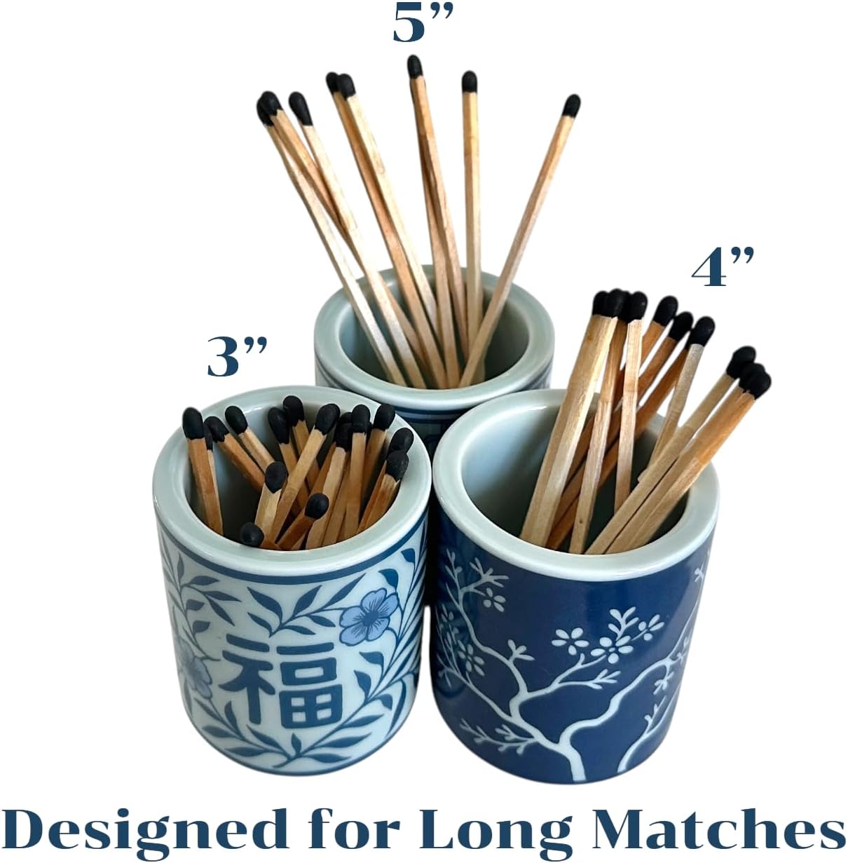 Hapton House Chinoiserie Long Match Holder with Striker – Tall Design for 3", 4", 5" Matches – Rare Vintage Style Soft Blue Porcelain with Cobalt Chinoiserie Patterns – MATCHES NOT INCLUDED (Style C)