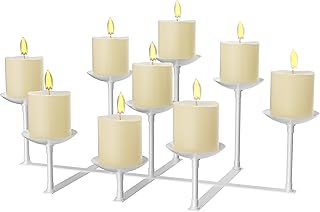 Fireplace Candle Holder with 9 Wax Pillar Plates, Candelabra Floor Mantle Iron Candles Stand for Inside Fire Place Decor Table Centrepiece Wedding Party Advent Decoration, White