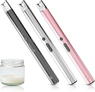3-Pack Long Stem Electric USB C Rechargeable Plasma Candle Lighter, Windproof Arc Lighter with Safety Lock for Candles, Gas Stoves, Firestarter, Gift Set (Black, Rose Gold, Chrome)