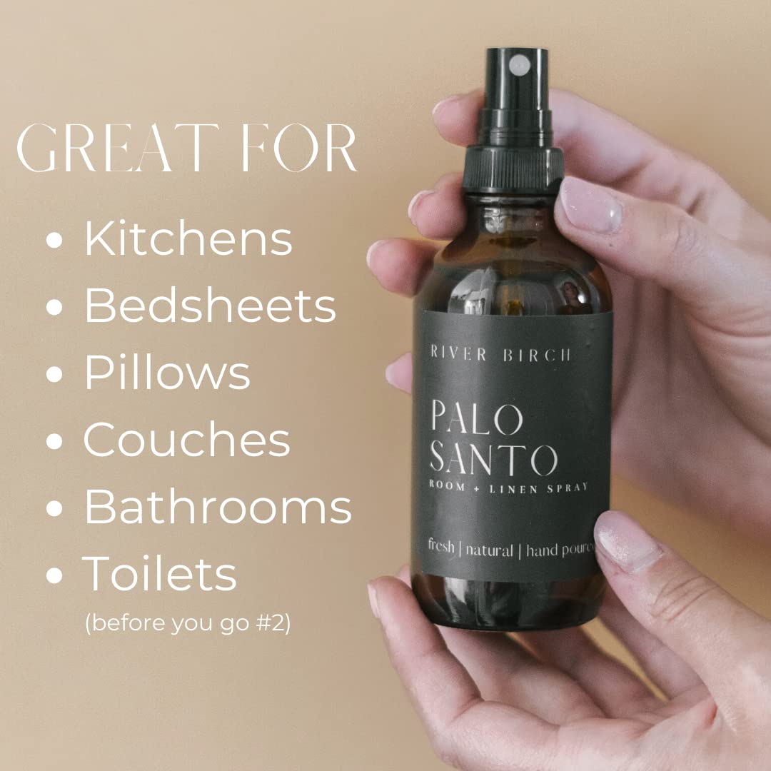 River Birch Luxury Linen and Room Spray - Palo Santo Home Signature Scent - Room Fragrance Spray - Fragrant Fresh Linen Air Freshener For Bedding - Handmade in Texas - 4 oz Glass Amber Bottle