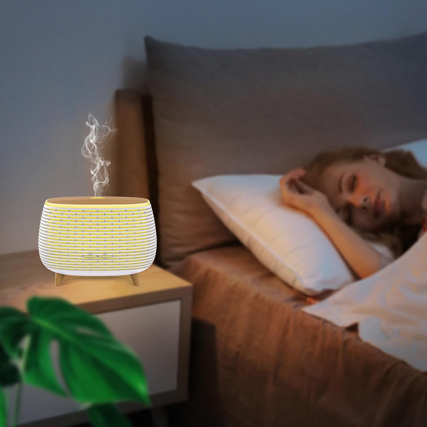 2-in-1 BT Speaker & Ultrasonic Essential Oil Diffuser,Aromatherapy Diffuser Cool Mist Humidifier with 7 Colors Lights for Large Room Home Office,400ml(White+Wooden Grain)