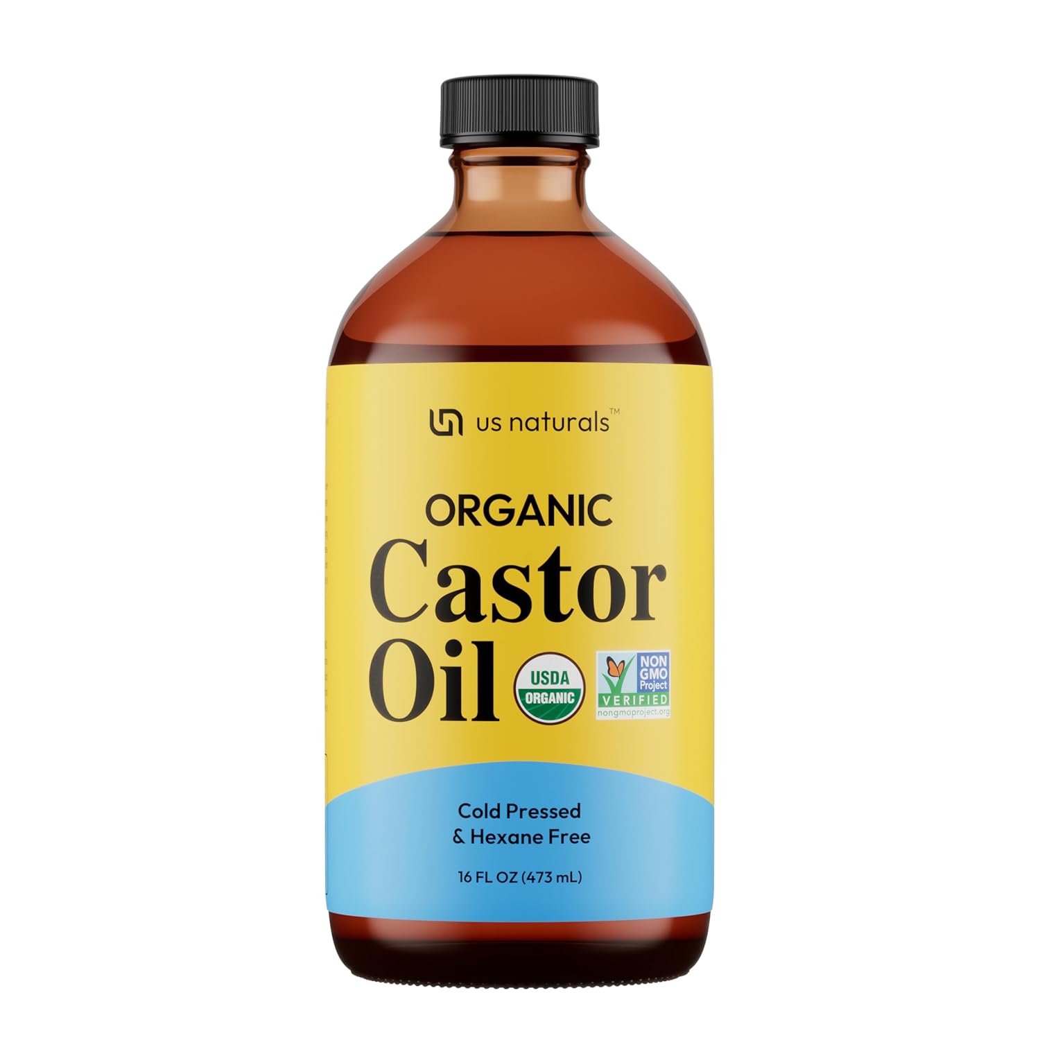 Us Naturals 16oz Organic Castor Oil – Glass Bottle – USDA Certified Organic & Non-GMO – 100% Pure, Cold-pressed, Unrefined, Hexane-free – Premium Glow-Boosting Oil for Skin, Hair, Lashes, Nails & More
