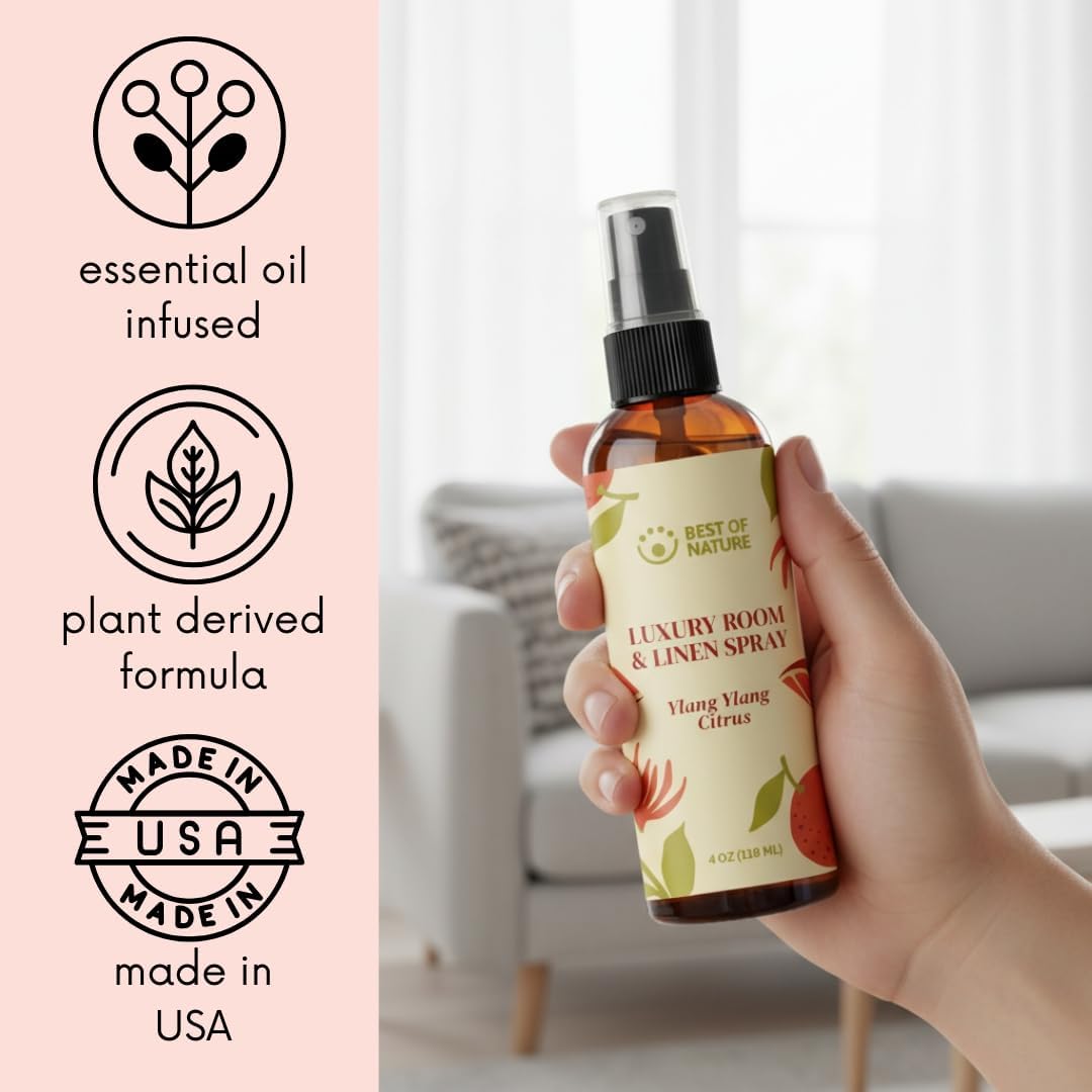 Best of Nature Luxury Room & Linen Spray – All-Natural Essential Oil Air Freshener for Home, Bedroom, Bathroom & Linens – Plant-Based, Family-Safe, Relaxing Aromatherapy Mist (Ylang Ylang Citrus)