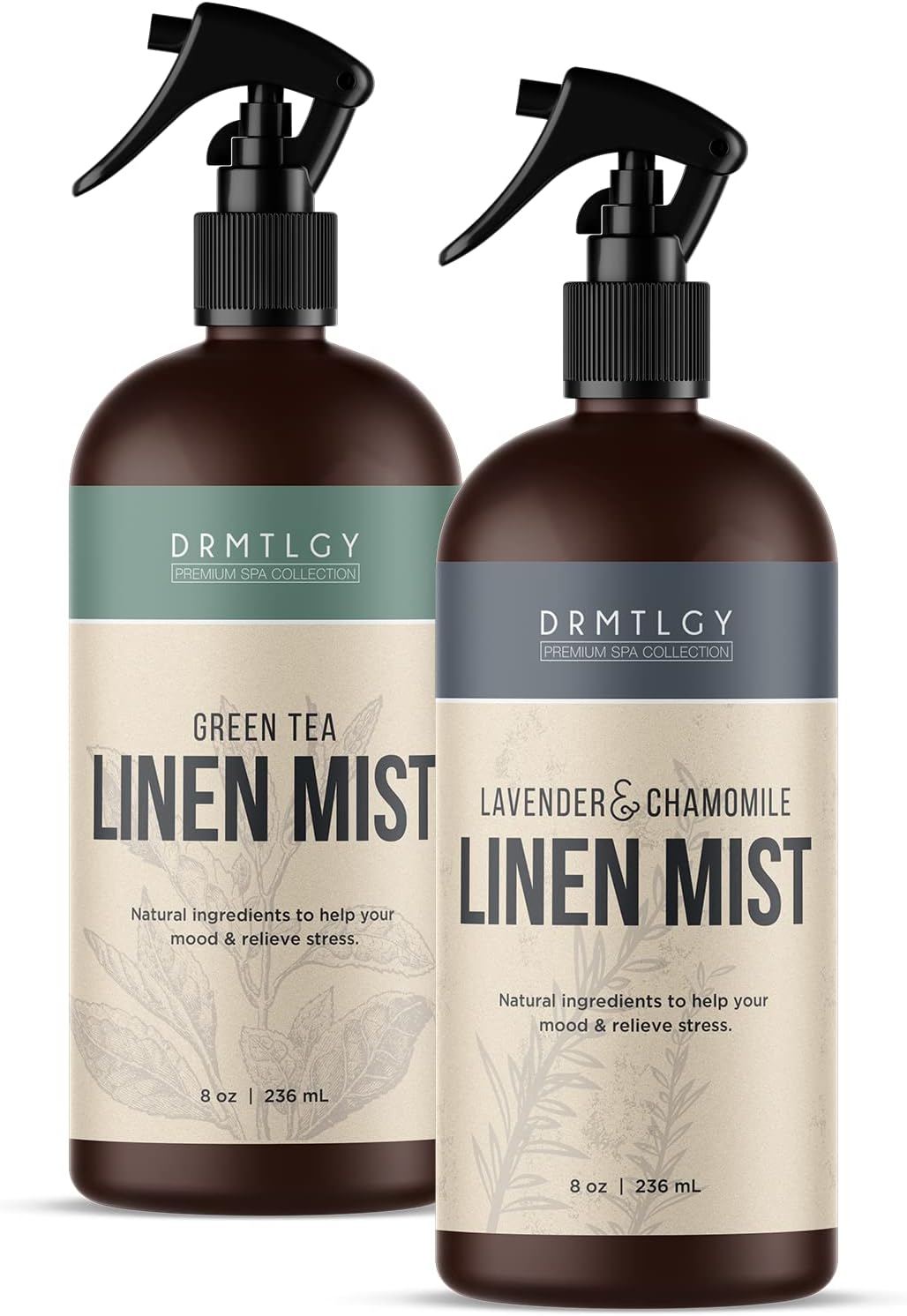 DRMTLGY Natural Linen and Room Mist Set - Pillow Spray, Linen Mist, & Fabric Spray 2 Pack - Lavender Chamomile & Green Tea
