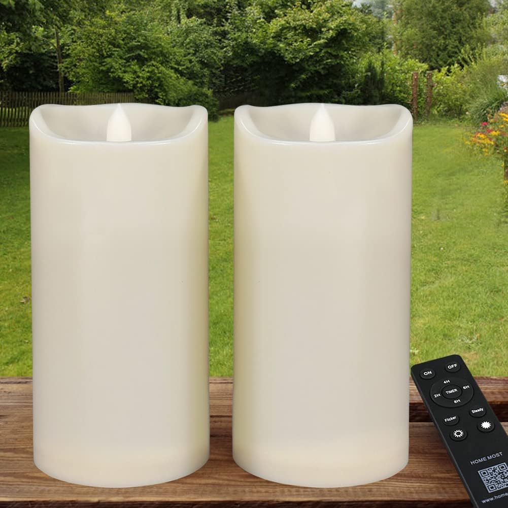 Pack of 2 Large Outdoor LED Pillar Candles 4x8 with Timer and Remote - IP65 Waterproof Battery Operated LED Pillar Candles Ivory Body - Oblique Edge Flickering Flameless Pillar Candles