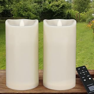 Pack of 2 Large Outdoor LED Pillar Candles 4x8 with Timer and Remote - IP65 Waterproof Battery Operated LED Pillar Candles Ivory Body - Oblique Edge Flickering Flameless Pillar Candles