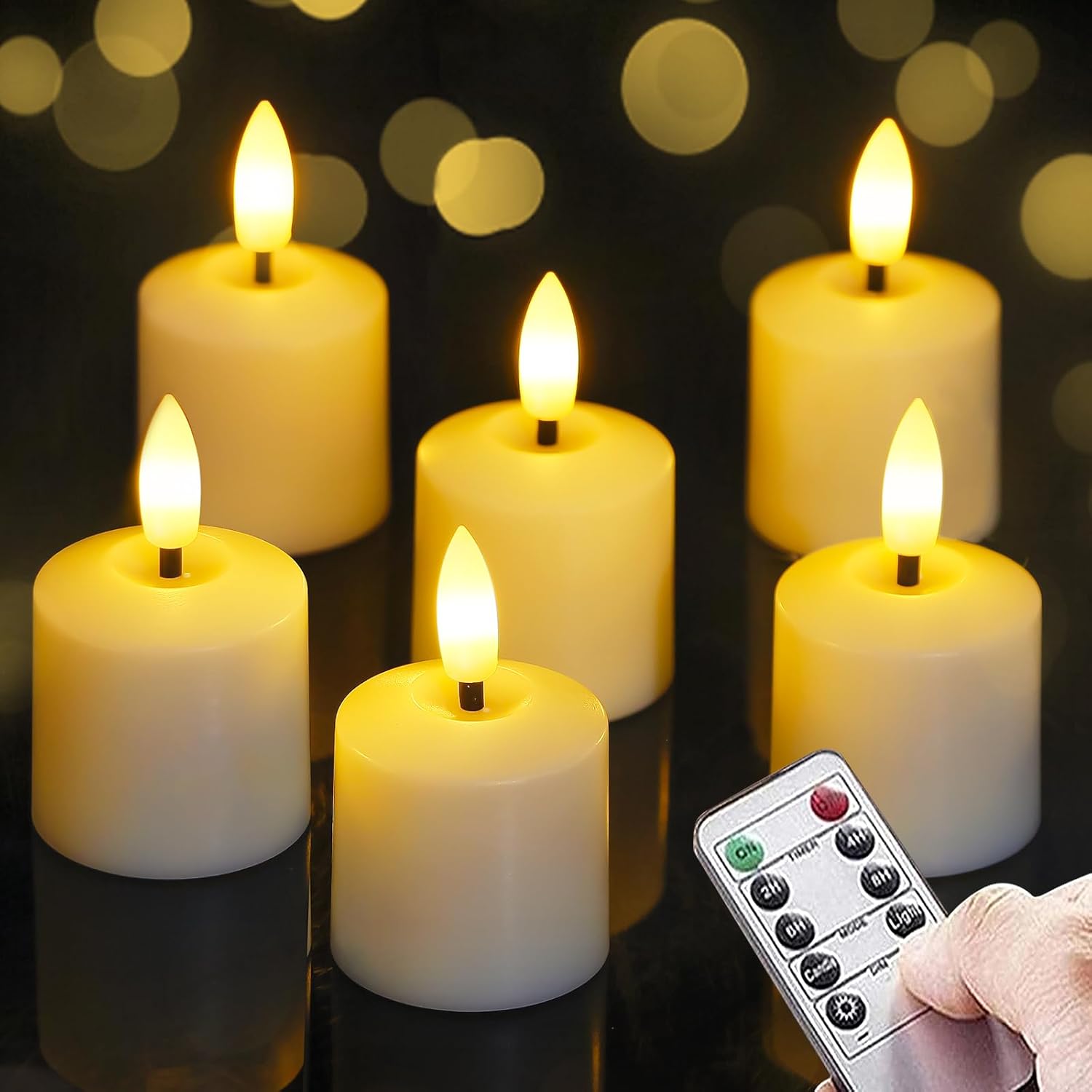 Small Flickering Tea Light Flameless Candles with Battery and Remote,1.5" x2.5" Ivory LED 2/4/6/8H Timer Votive Battery Operated Pillar Plastic Long Lasting 6pcs Tealight Candles