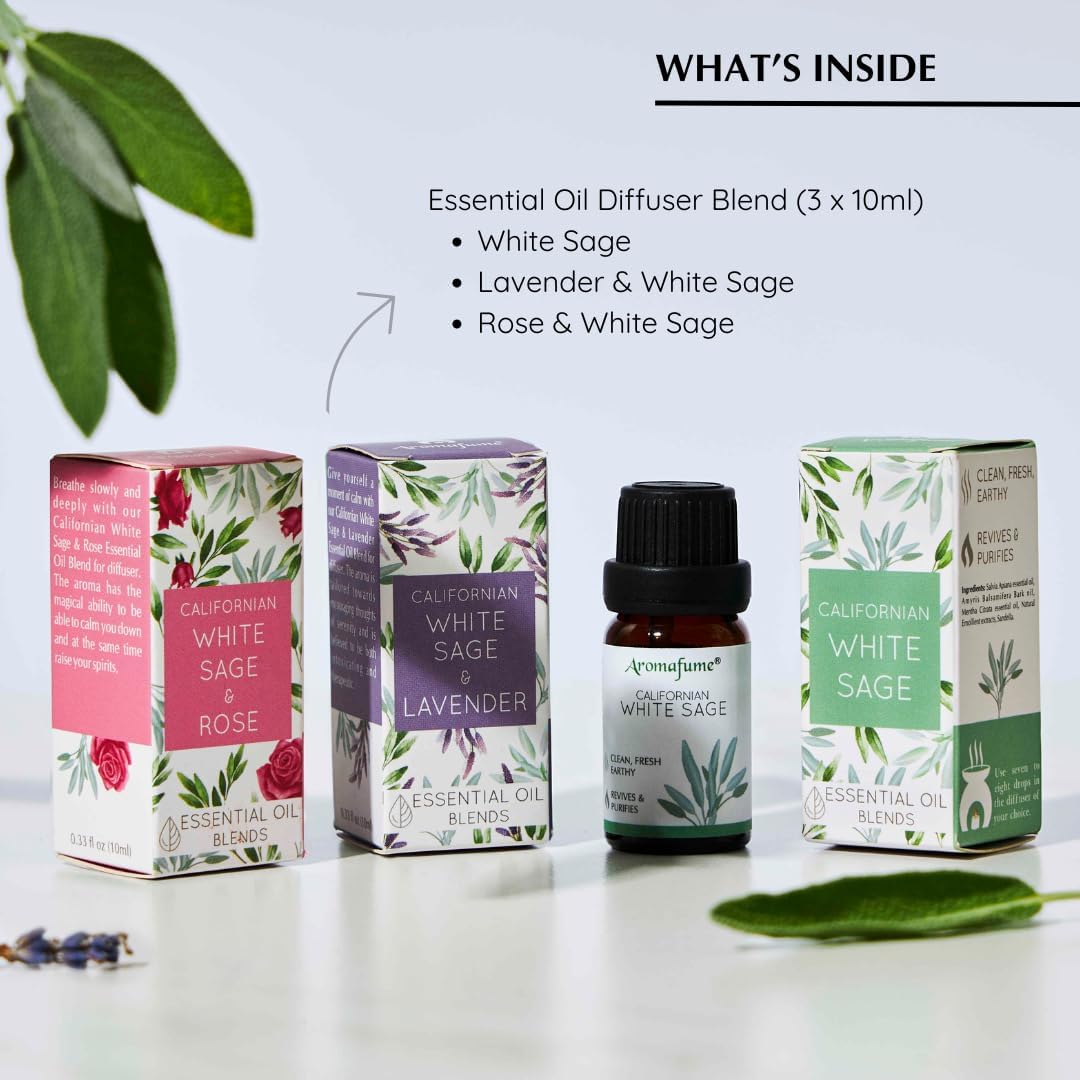 White Sage, White Sage with Lavender & Rose Essential Oil Diffuser Blend by Aromafume | 3 x 10ml | Essential Oil Blend | Smoke-Free, Non Toxic Alternative to Smudging