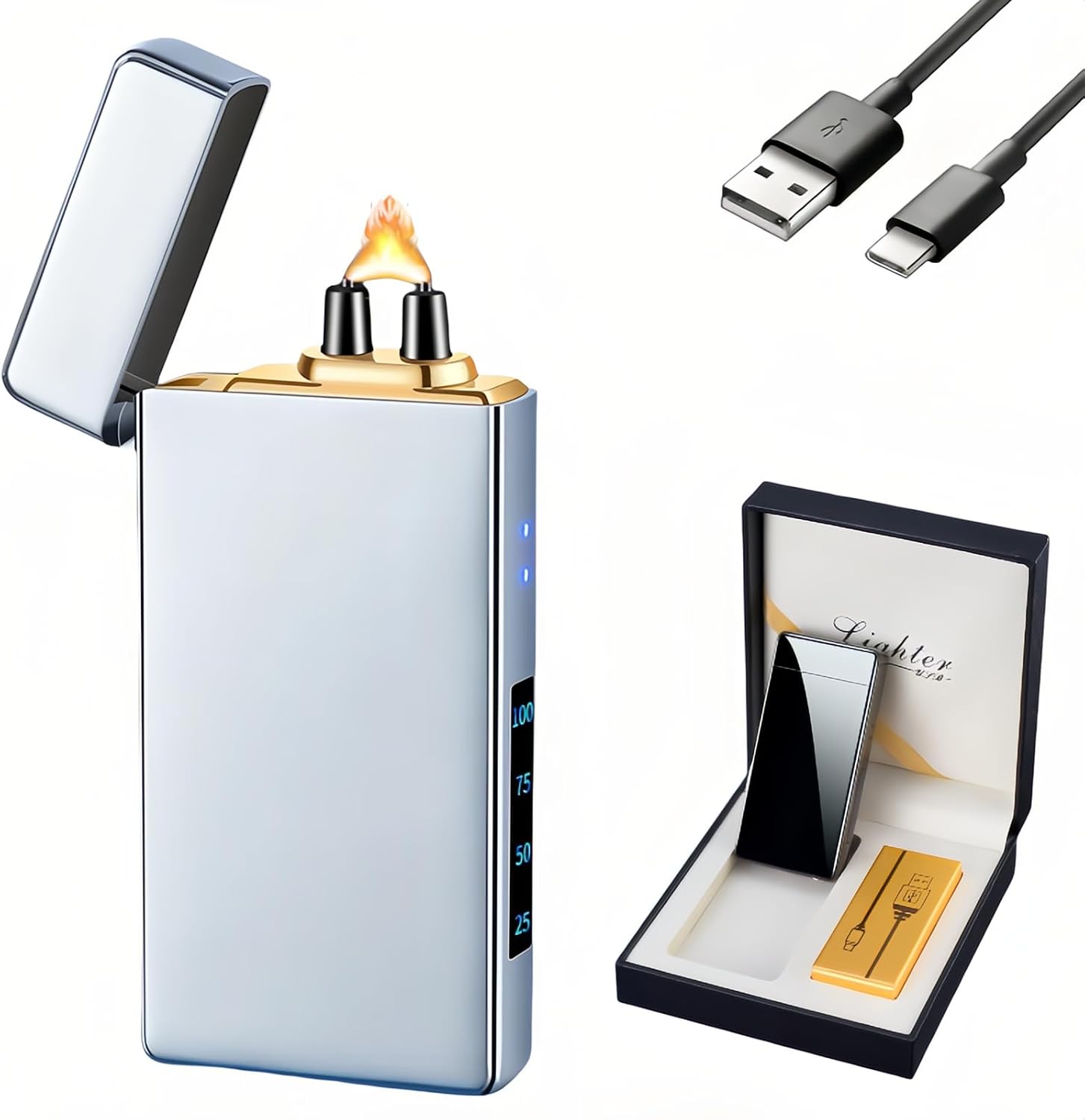 Smart Electric Lighter with 4 Ignition Modes, High Power Pulse Plasma Arc Lighter, Windproof Electronic Lighters, Rechargeable USB Lighters with Safety Lock (Silver Ice)