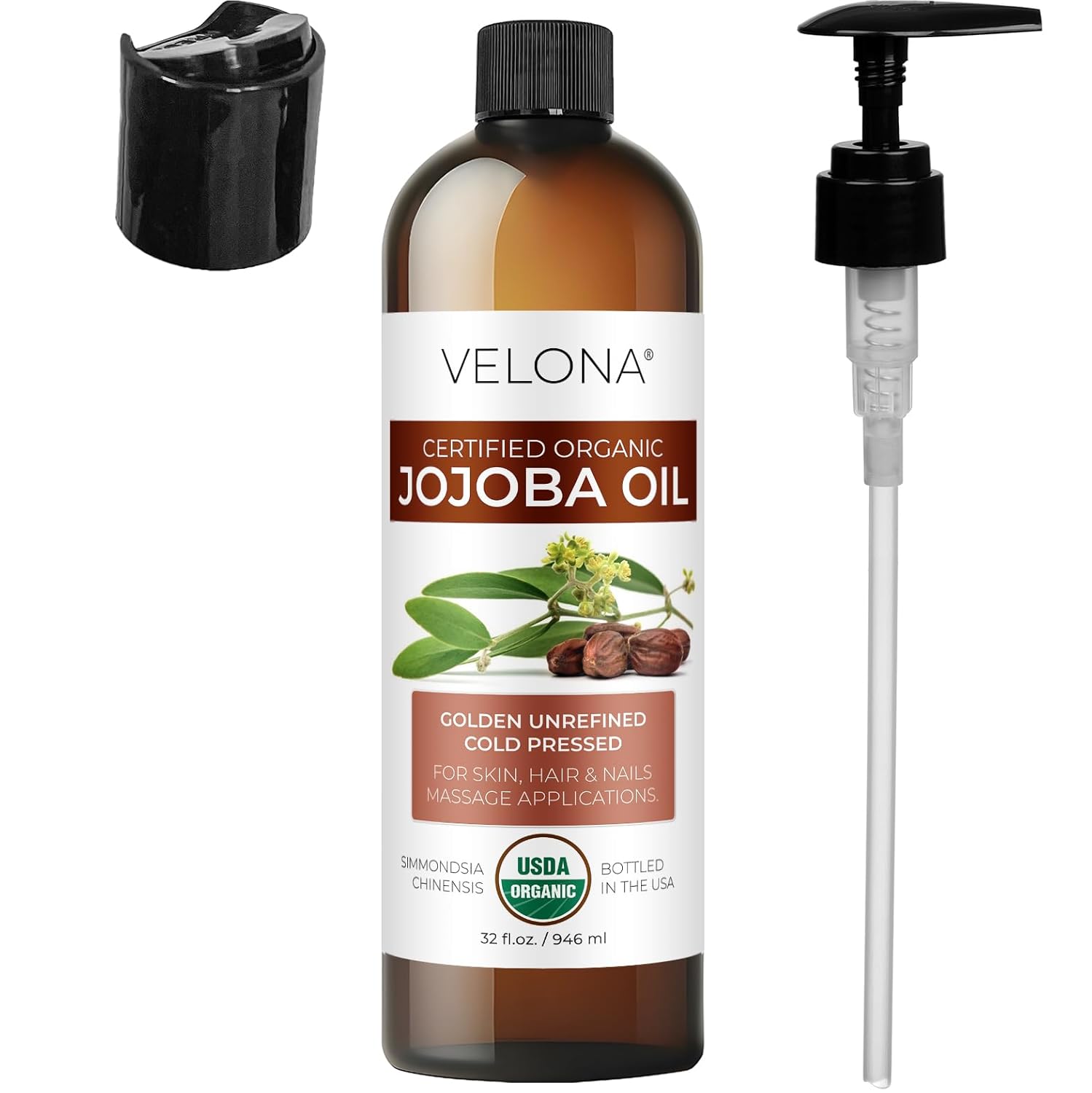 velona Jojoba Oil USDA Certified Organic - 32 fl oz (With Pump) | 100% Pure and Natural | Golden, Unrefined, Cold Pressed, Hexane Free | Moisturizing Face, Hair, Body, Skin Care