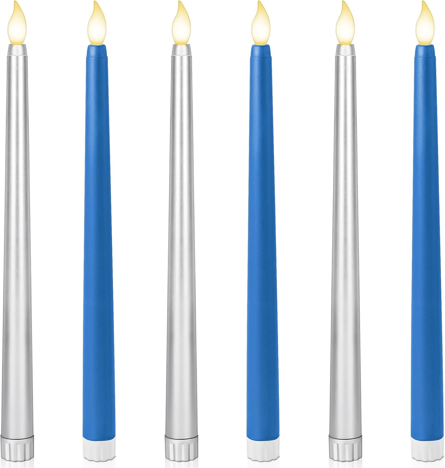 Baquler 6 Pcs 11'' Blue Silver Flameless Taper Candles Battery Operated Candle LED Plastic Flickering Candlesticks for Birthday Wedding Baby Shower Graduation Prom Dinner Home Party Decor