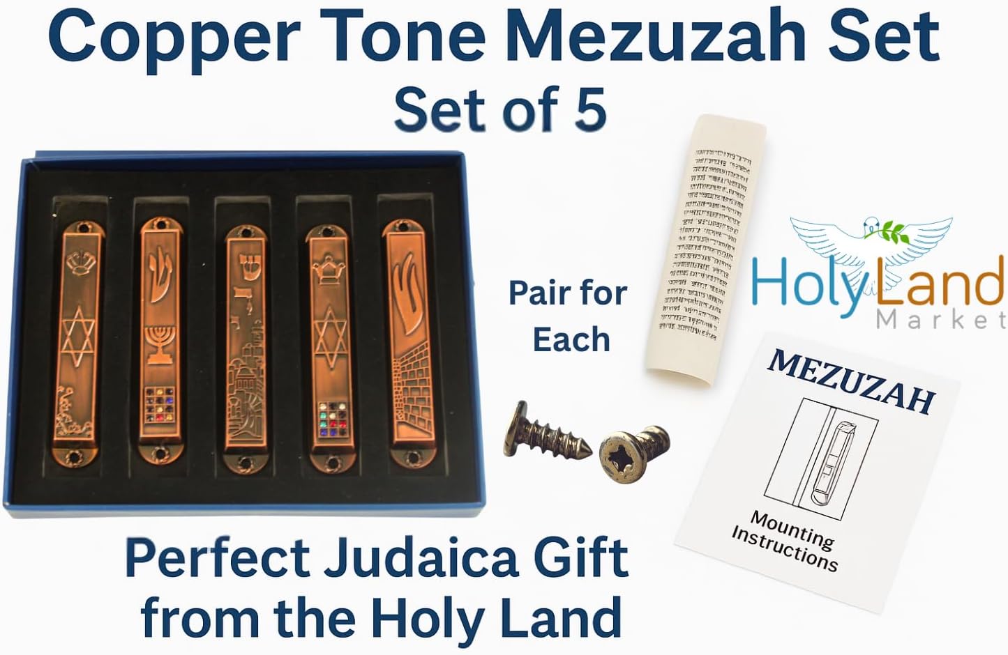 Holy Land Market A Set of 5 Clean and Smooth Cut Mezuzahs Symbols with Different enameled Themes. Each is About 3.5 Inches and Comes with Scrolls and Screws for Hanging (Copper)