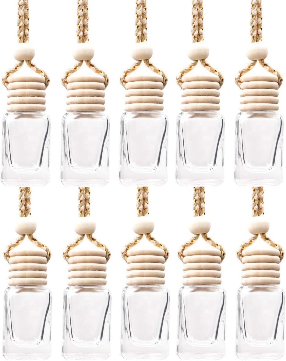 10 Pcs 8ml Hanging Car Air Freshener,Empty Clear Glass Cylindrical Essential Oil Diffuser Perfume Aromatherapy Pendant Bottle Vials With Wooden Caps & Hanging String-FREE 1 Funnel&Dropper