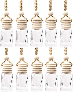 10 Pcs 8ml Hanging Car Air Freshener,Empty Clear Glass Cylindrical Essential Oil Diffuser Perfume Aromatherapy Pendant Bottle Vials With Wooden Caps & Hanging String-FREE 1 Funnel&Dropper