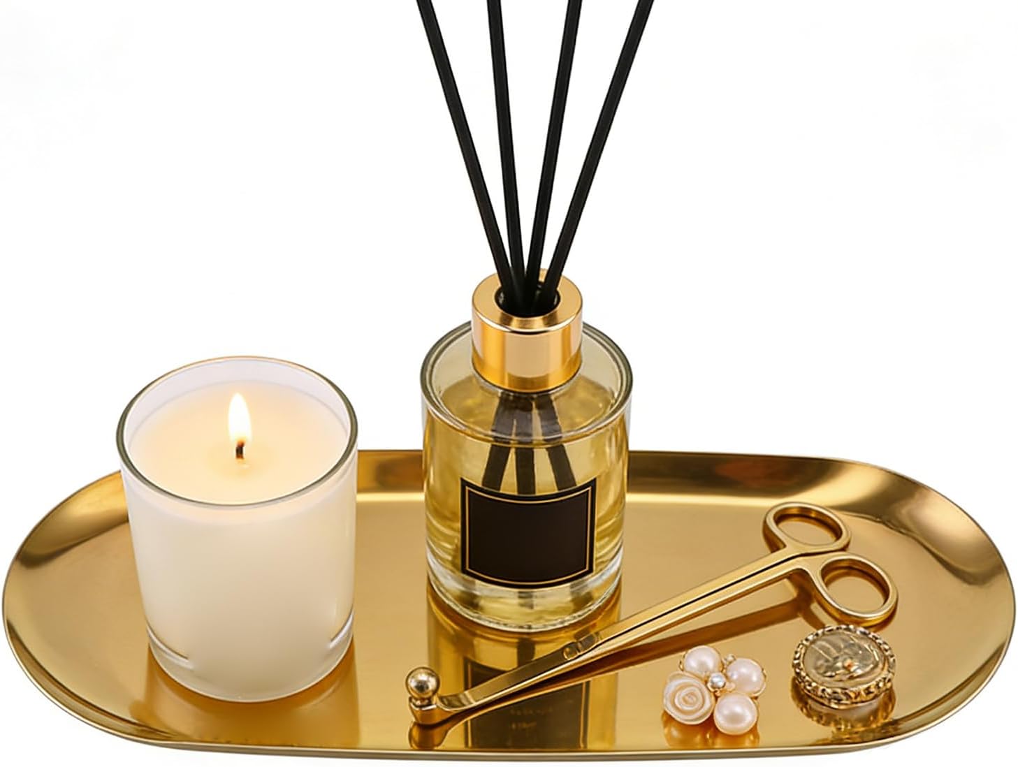 Candle Tray - 9.06×3.74×0.39 in Modern Golden Jewelry Dish, Stainless Decorative Tray for Farmhouse, Kitchen, Bathroom, Home, Coffee Table, Counter