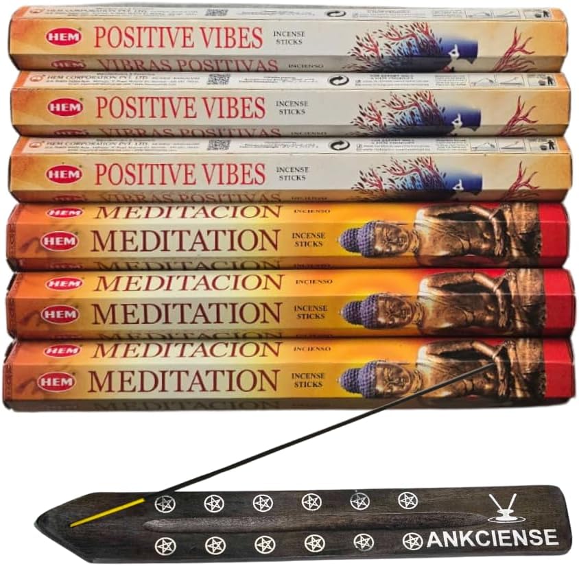 Sandalwood & Vanilla Incense from Hem Bundled with ANKCIENSE Incense Holder Bundle, Variety Pack of 120 Sticks (Positive Vibes & Meditation)