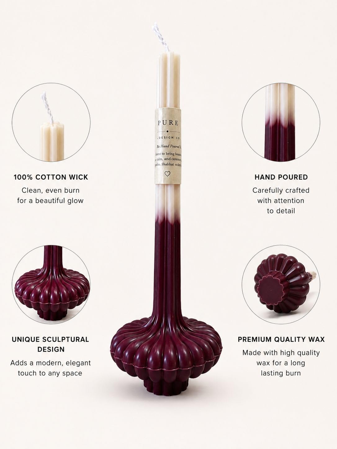 Luxury Havdalah Candle - 8 Inch Cream/Burgundy Sculptural Ceremony Candle for Havdalah Ritual, Judaica Gift & Home Decor Gift