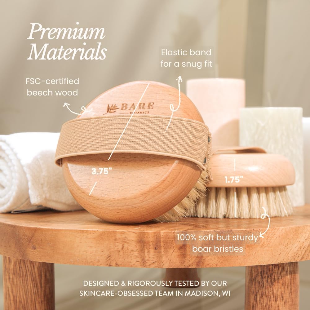 Bare Botanics Dry Body Brush for Lymphatic Drainage - Improve Circulation w/Gentle Exfoliation for Soft Skin - Ergonomically Designed w/Elastic Strap - Soft but Firm Natural Boar Bristles