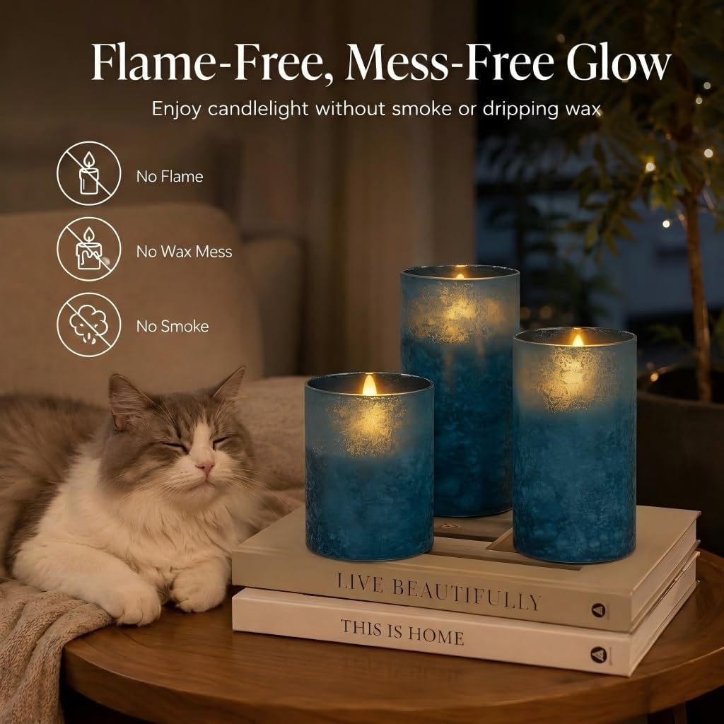 Blue Flameless Candles Set of 3, Sandblasted Glass LED Pillar Candles with Remote, Battery Operated Flickering Candles for Coastal Home Decor, Party Bathroom Holiday Birthday Wedding Decoration