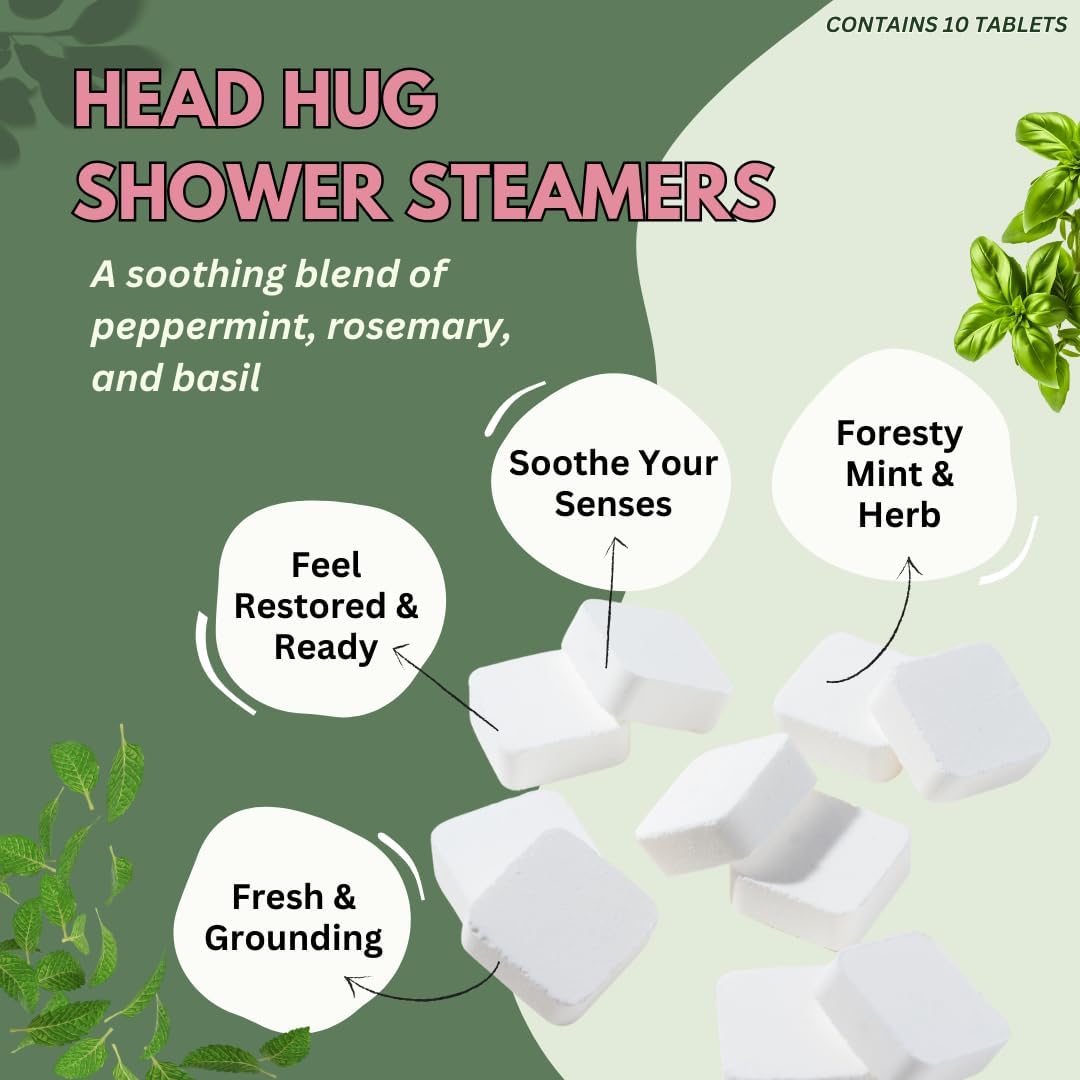 Head Hug Shower Steamers Aromatherapy for Relief - USA Made Mothers Day Gift for Mom - Peppermint & Rosemary Shower Bomb Tablets – Soothing Natural Essential Oils (10 Pack)
