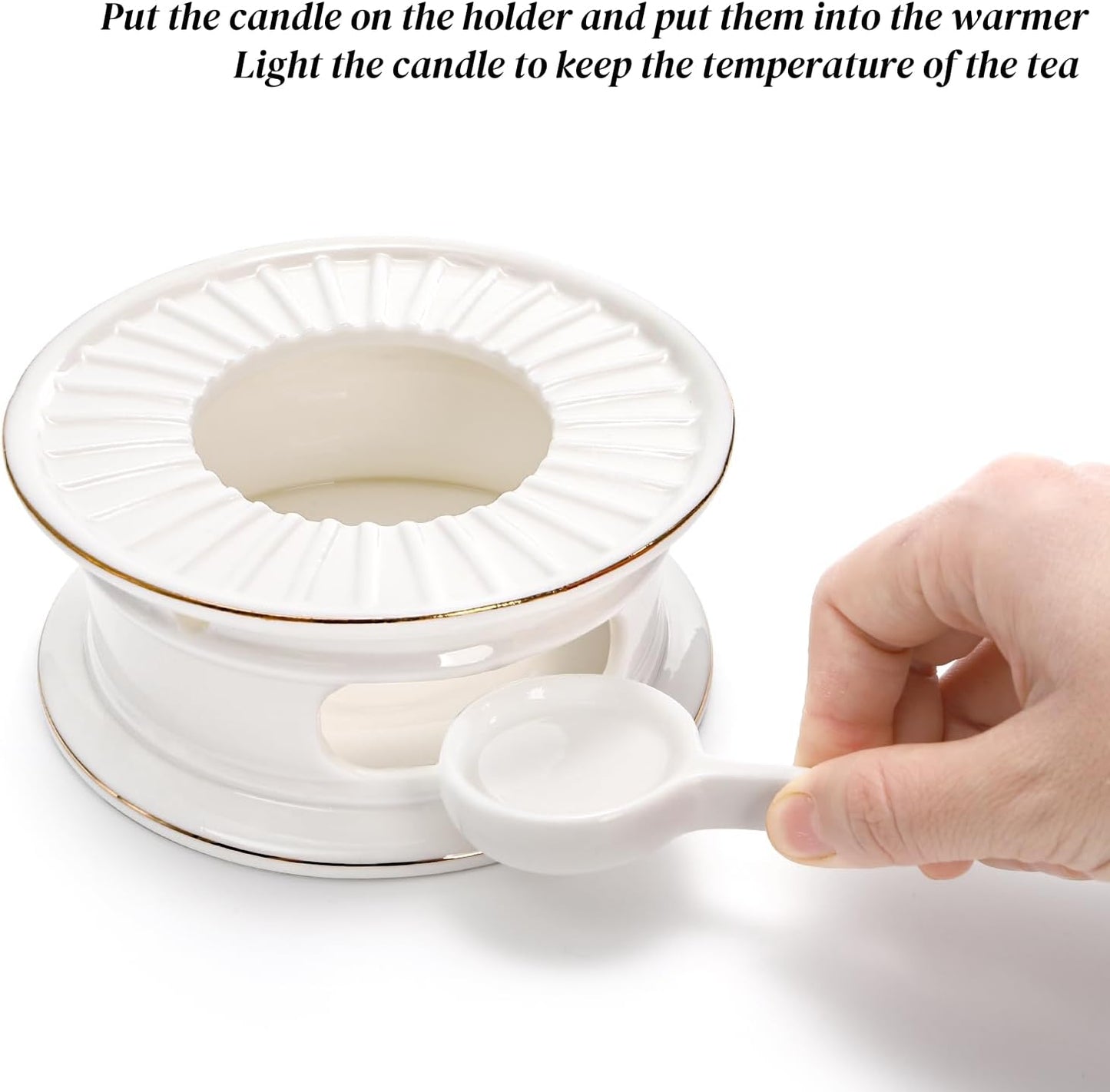 Ceramic Teapot Warmer, Gold Rim Teapot Heater with Tealight Holder, White Porcelain Tea Kettle Holder Warming Base for Heating Coffee, Milk, Water, Soup