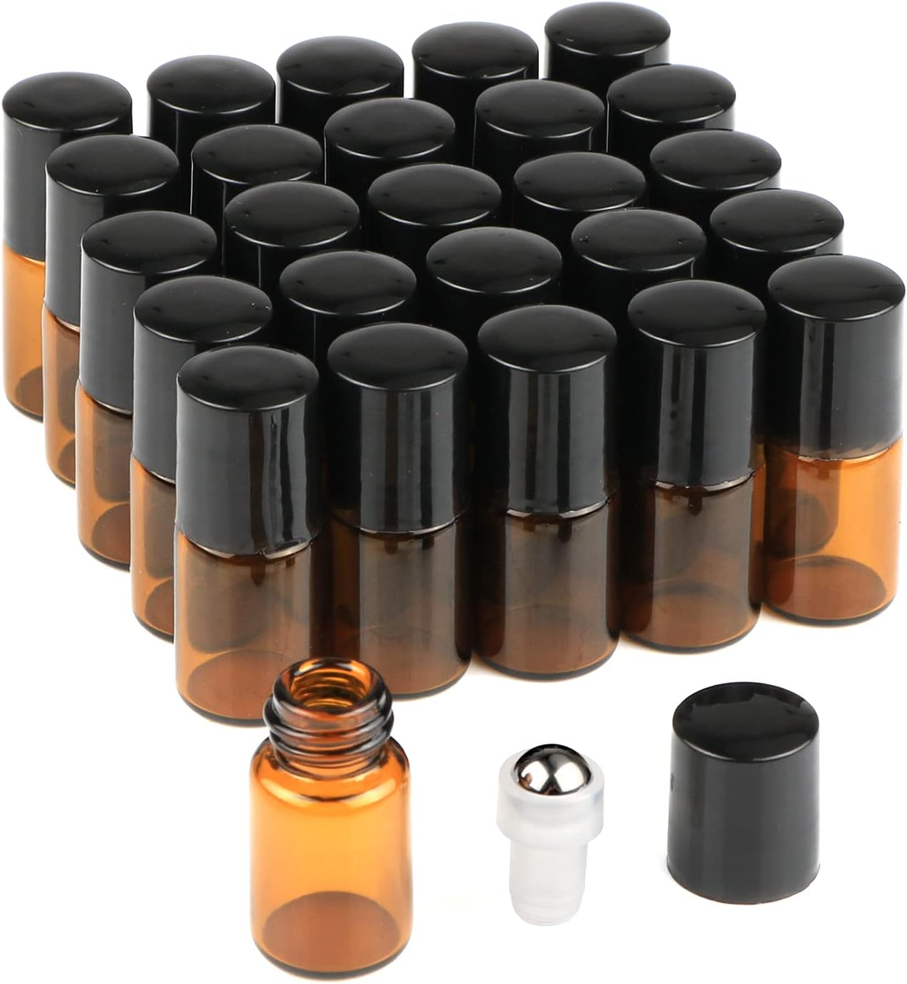 Wresty 25 Pcs Essential Oil Glass Roller Bottles Mini Tiny Refillable Empty Aromatherapy Perfume Liquid Amber Glass Roll On Bottles Vials Metal Rollerball Bottles Jar (2ml)