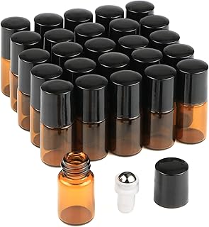 Wresty 25 Pcs Essential Oil Glass Roller Bottles Mini Tiny Refillable Empty Aromatherapy Perfume Liquid Amber Glass Roll On Bottles Vials Metal Rollerball Bottles Jar (2ml)