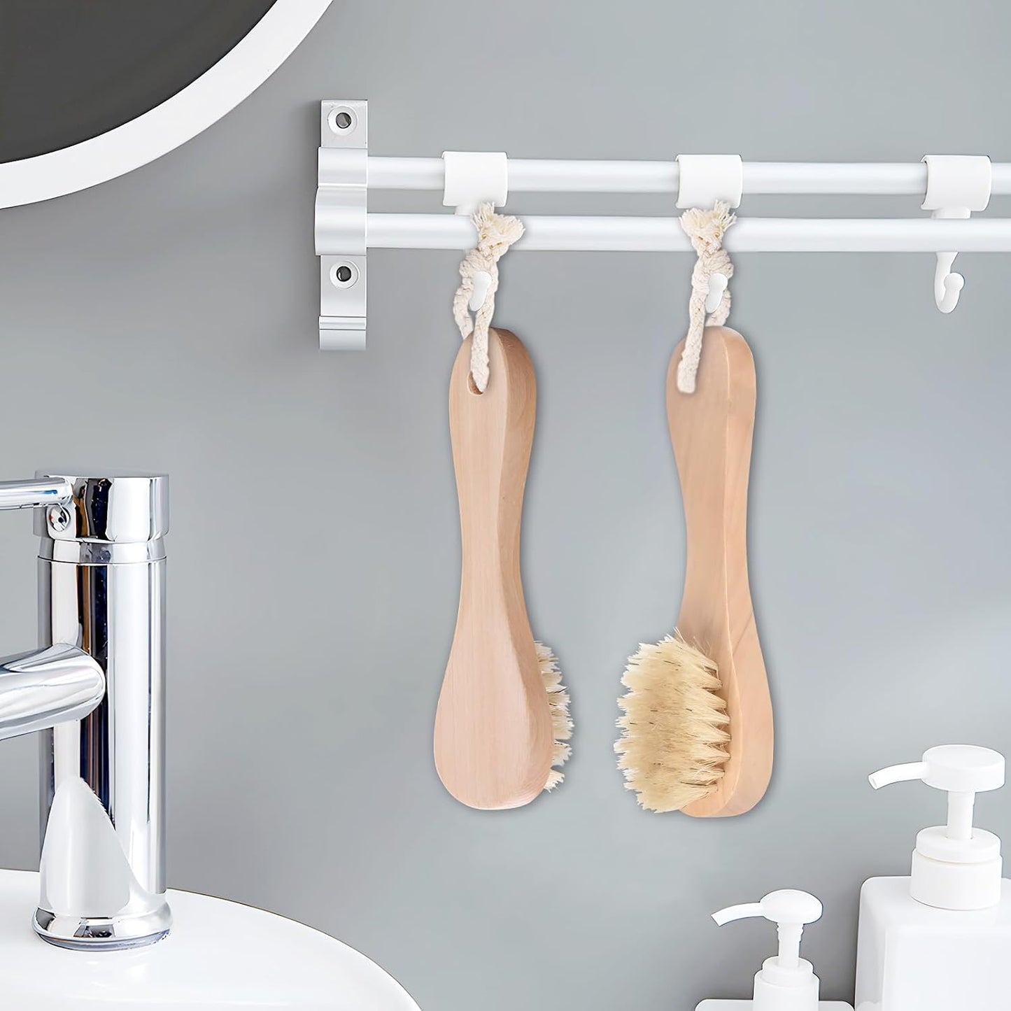 2 Pack Miniature Dry Brush with Hanging Loop - Natural Bristle Small Body Brush for Exfoliating, Facial Cleansing - Soft Skin for Neck, Chest, Nails, and Other Sensitive Areas