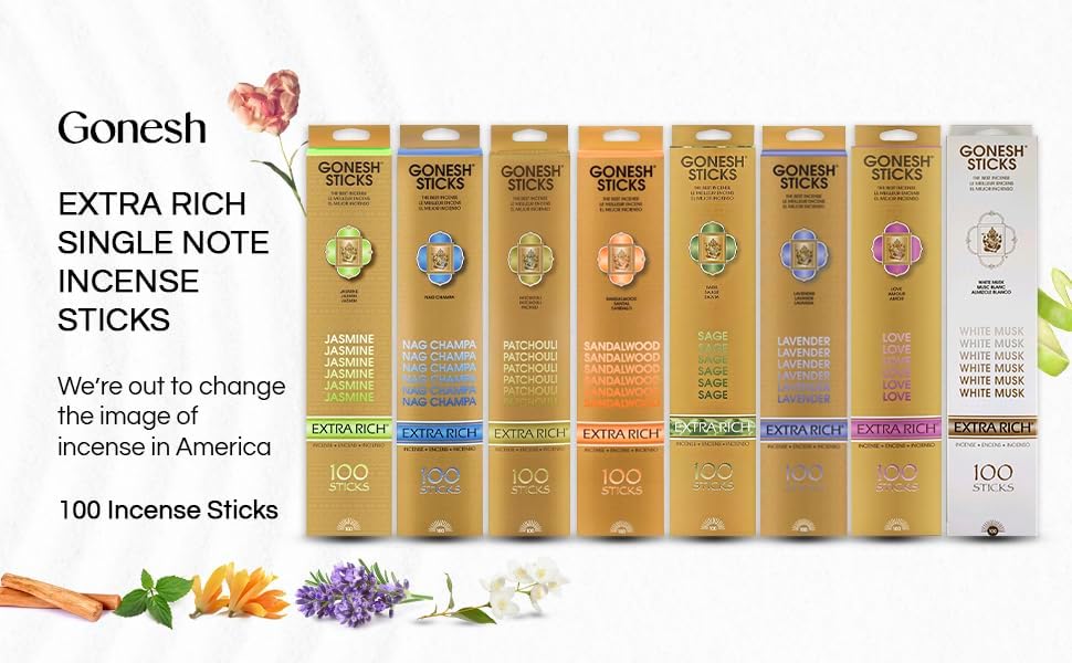 Gonesh Extra Rich Incense Sticks Bundle, Sandalwood & Patchouli, 100 Sticks Each, 2 Pack