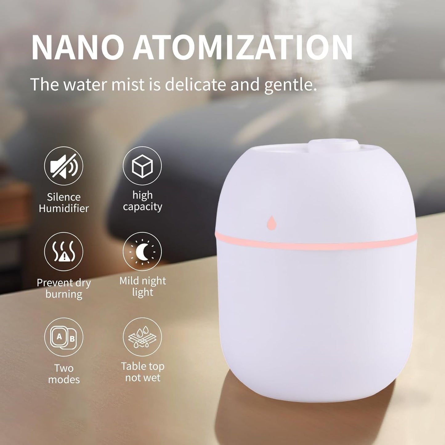 Portable Mini Humidifier Small Cool Mist Humidifier Personal Desktop USB Powered Super Quiet for Travel Car,Office,Baby Bedroom, Night Light, 2 Mist Modes, Auto Shut-off (pink)