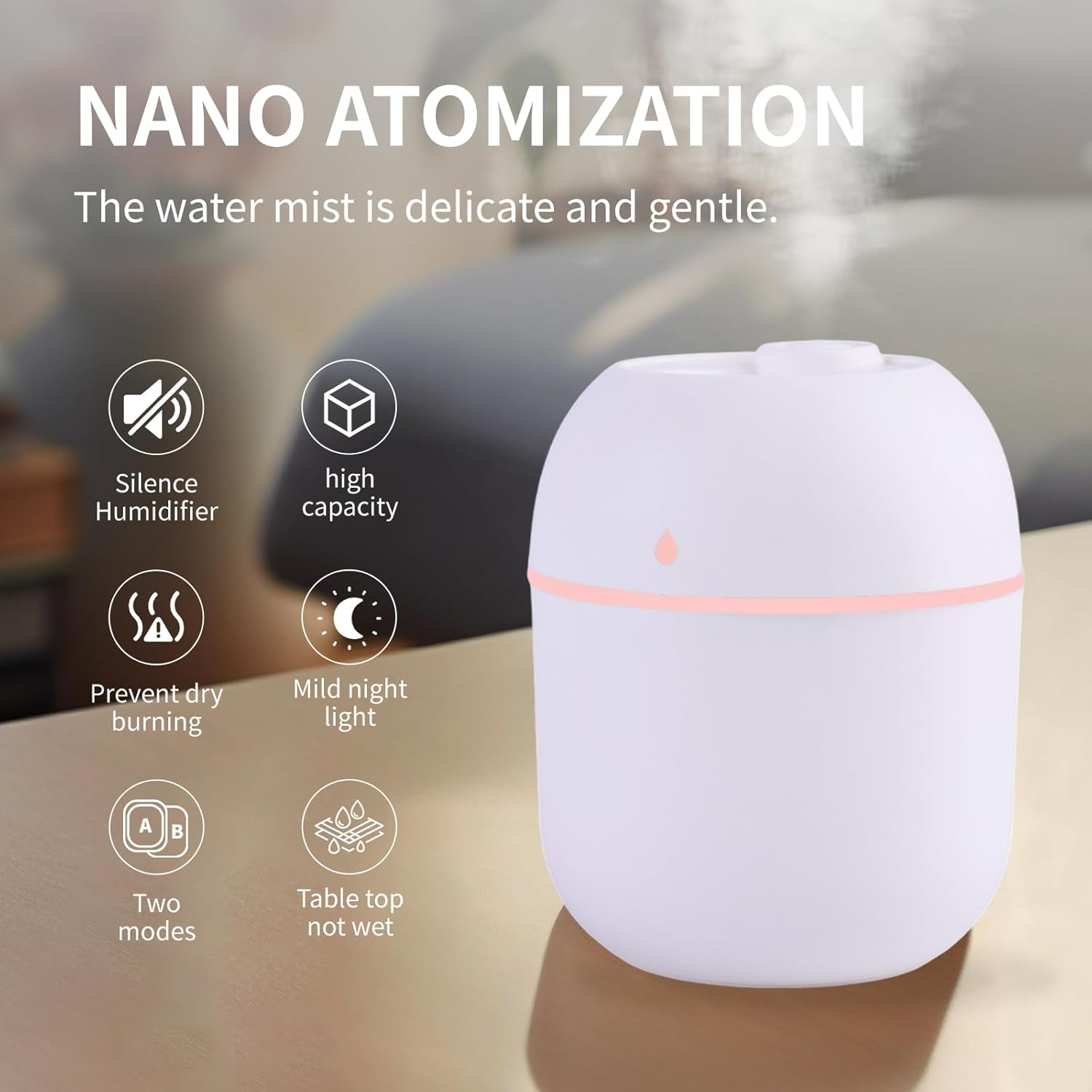 Portable Mini Humidifier Small Cool Mist Humidifier Personal Desktop USB Powered Super Quiet for Travel Car,Office,Baby Bedroom, Night Light, 2 Mist Modes, Auto Shut-off (pink)