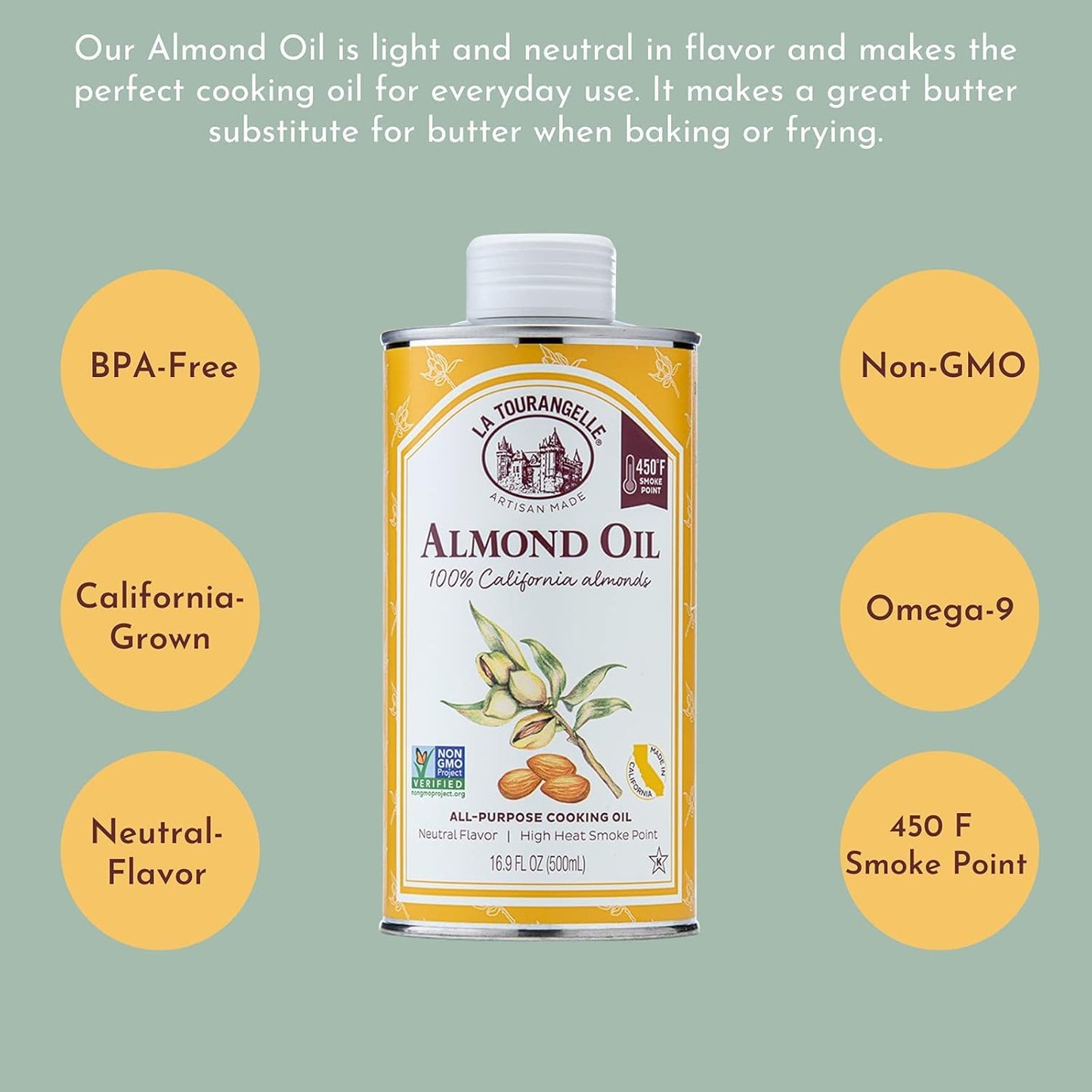 La Tourangelle, Refined Sweet Almond Oil, Food Grade All Natural for Cooking, Hair and Skin, Moisturizing Carrier Oil, 128 Fl Oz (1 Gallon)