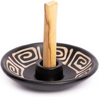 Palo Santo Holder with 5 Sticks - Luna Sundara Handmade Ceramic Incense Burner - Black & White Maze Chulucanas Pottery from Peru - Smudge Bowl for Sage - Aromatherapy Gift Set
