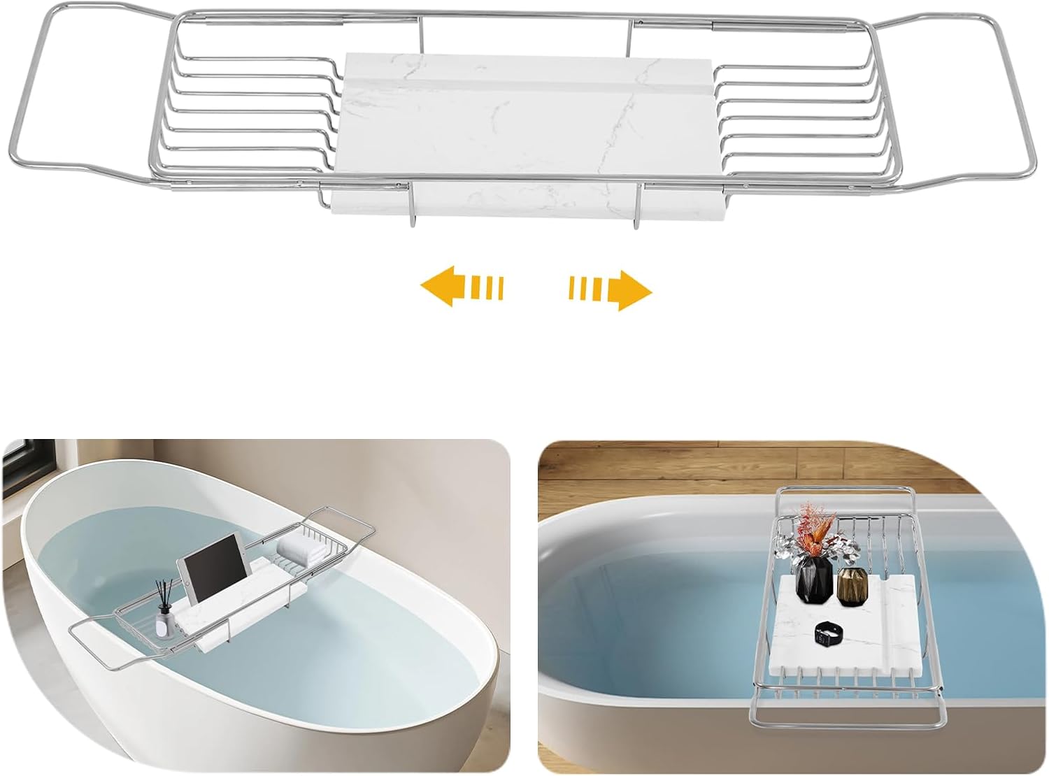Expandable Bathtub Tray Caddy for Bath Relaxing, Bath Table Tub Tray, Adjusts from 26.77-35.43 in, Ideal for Housewarming, Multifunctional Bathtub Bathroom Organizer (Silver+White)