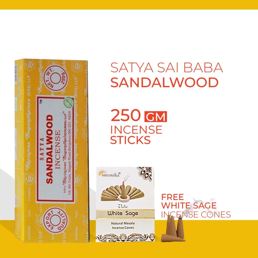 Satya Sai Baba Satya Sandalwood 250 gm Incense Sticks with Free Vedic White Sage Natural Incense Cones (Agarbatti Box 250 Grams All Sticks for Refinement, Concentration and Serenity)