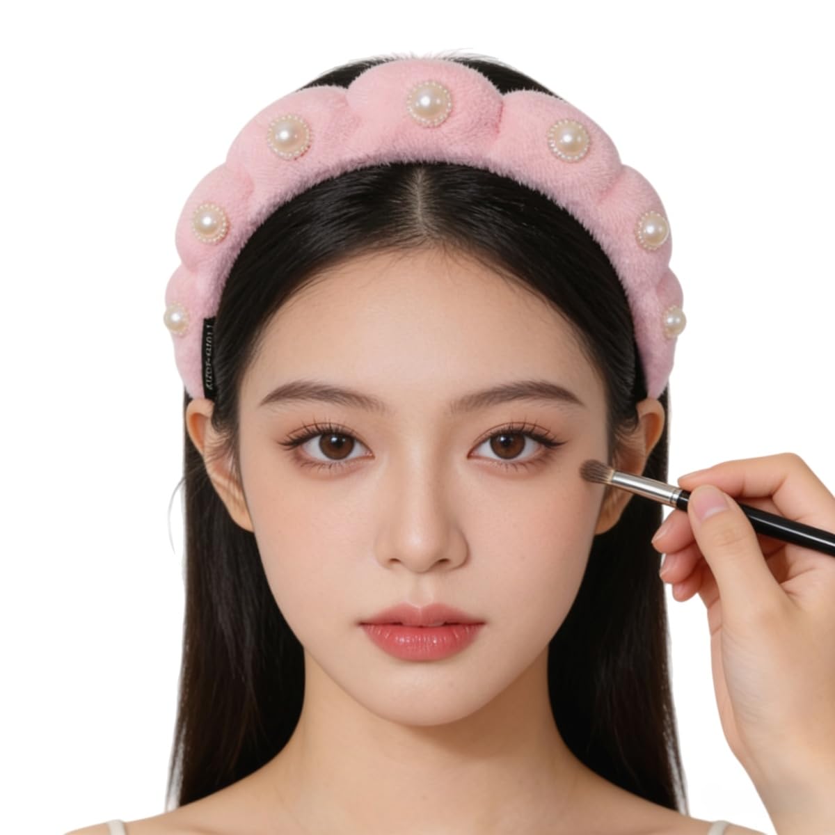 Pearl Rhinestone Headband for Women Girls Terry Cloth Spa Headband for Washing Face Makeup Skincare Puffy Head band (Pink)