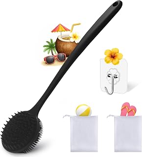 Silicone Body Scrubber for Shower Men Women – Dual-Sided Exfoliating & Massage Shower Brush with Long Handle, Creates Rich Lather, Includes 1 Hook & 2 Lather Balls (Black).