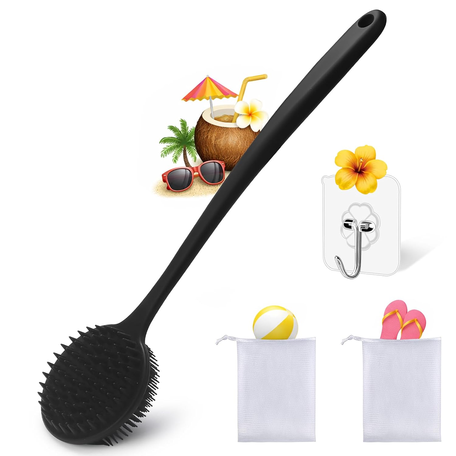 Silicone Body Scrubber for Shower Men Women – Dual-Sided Exfoliating & Massage Shower Brush with Long Handle, Creates Rich Lather, Includes 1 Hook & 2 Lather Balls (Black).
