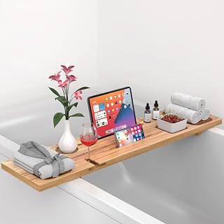 Bathtub Tray for Freestanding Bath, Solid Pine Wood Bath Tray for Tub, Bath Caddy for Home Spa, Adjustable Bathtub Trays for Tub, with Bathtub Accessories Holders, Patent Design, 35x9