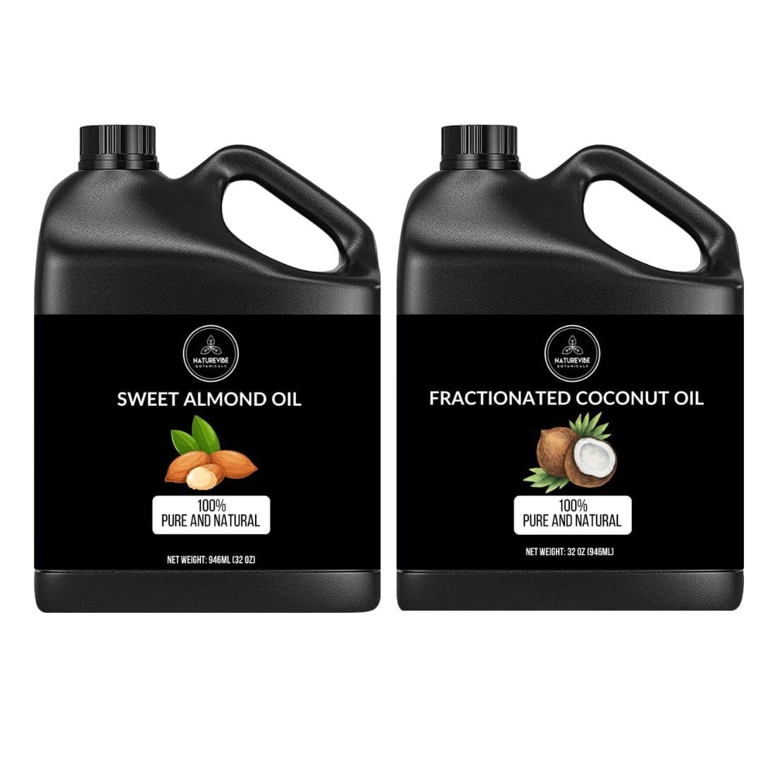 Naturevibe Botanicals Sweet Almond Oil 32oz and Fractionated Coconut Oil 32oz |Oil Combo