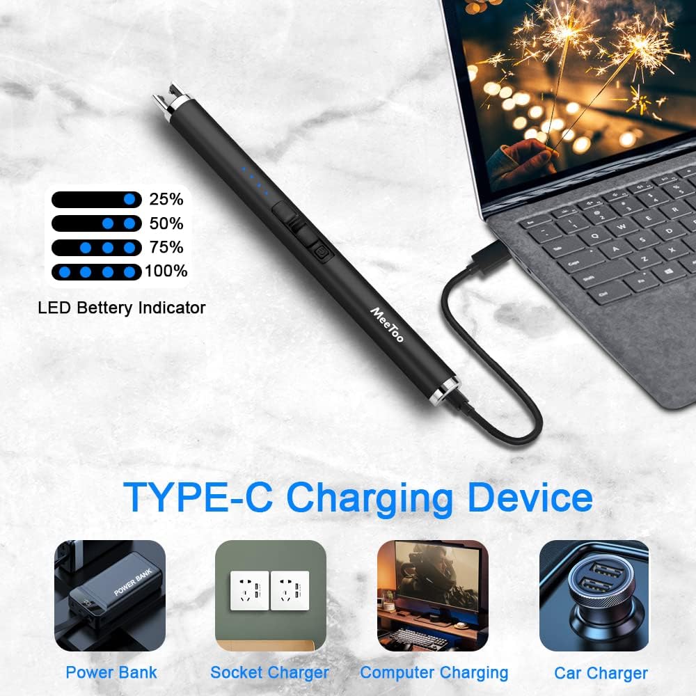 MeeToo Candle Electric Lighter Rechargeable USB Type-C Lighters for Candle Christmas Kitchen Camping Party, Gifts for Wife Women Men Nana Black