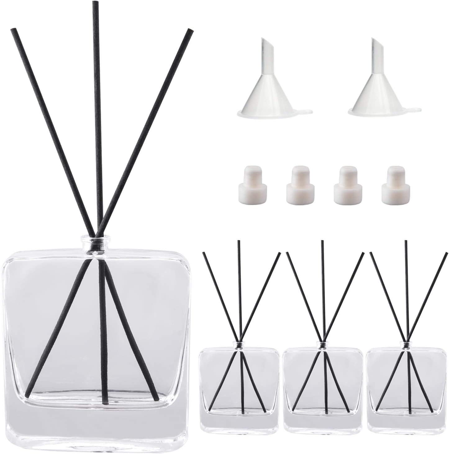 4PCS Empty Clear Glass Diffuser Bottles,100ML/3.5Oz Refillable Fragrance Set with 20pcs Reeds Sticks & Rubber Stopper & Funnels for DIY Essential Oil